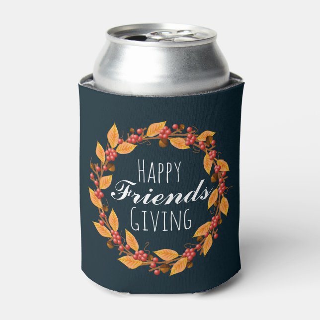Rustic Happy Friends Giving Berries Wreath Can Cooler (Can Front)