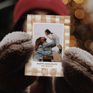 Rustic Happy Holiday Gingham Plaid Photo Card
