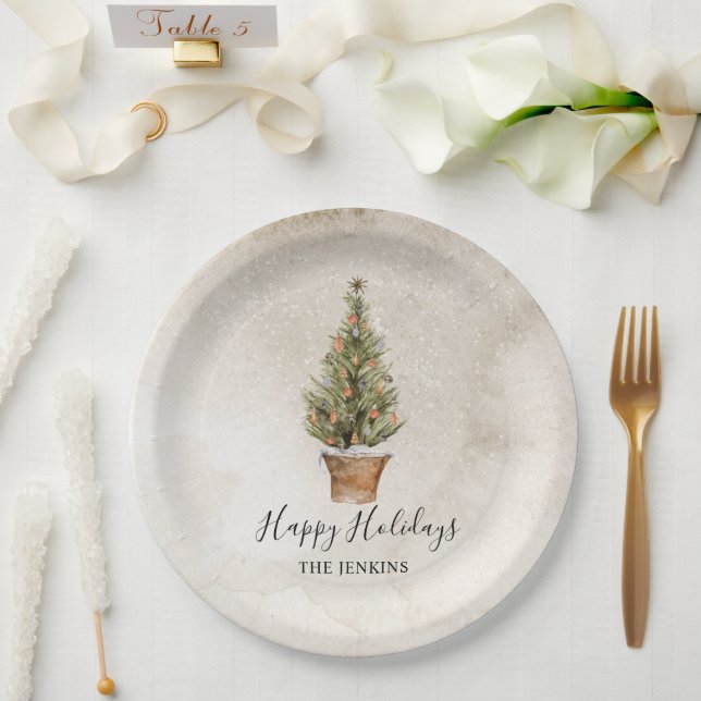 Rustic Happy Holidays Christmas Tree Paper Plate (Wedding)