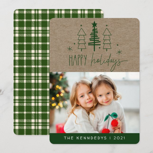 Rustic Happy Holidays Photo Plaid Christmas Card  (Front/Back)