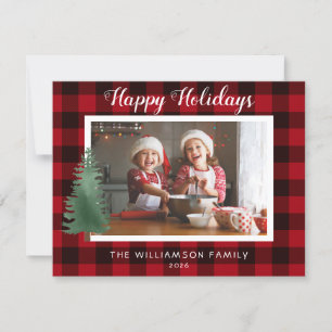 Rustic Happy Holidays Plaid Family Photo  Card