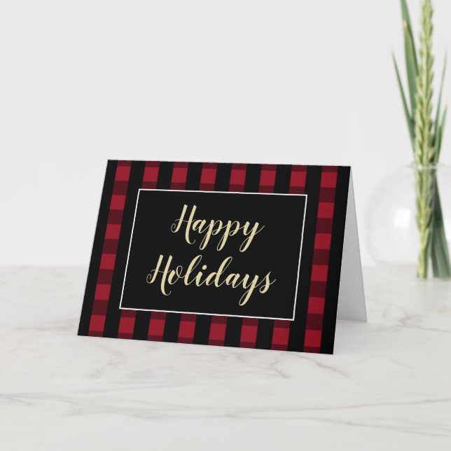 Rustic Happy Holidays Red And Black Plaid Blank Card (Front)