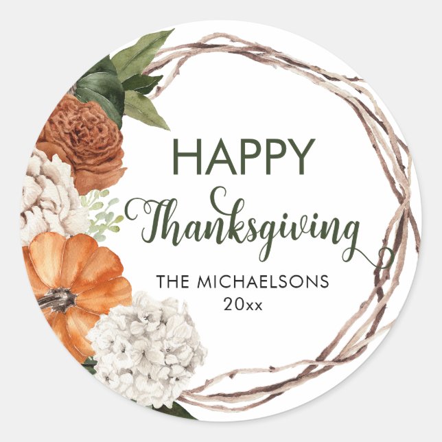 Rustic Happy Thanksgiving Pumpkin Classic Round Sticker (Front)