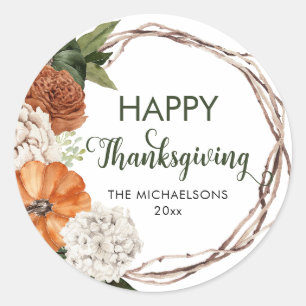 Rustic Happy Thanksgiving Pumpkin Classic Round Sticker