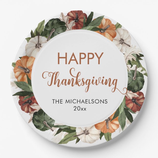 Rustic Happy Thanksgiving Pumpkin Paper Plate (Front)
