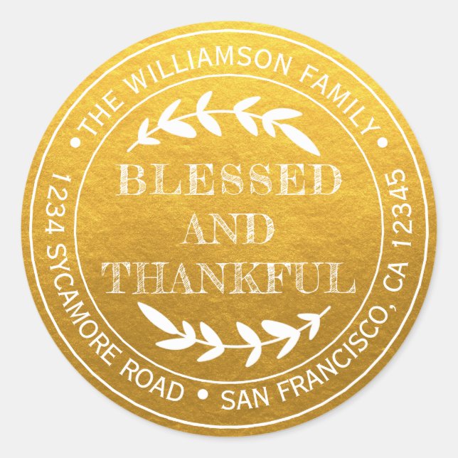 Rustic Happy Thanksgiving Return Address Gold Classic Round Sticker (Front)
