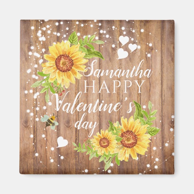 Rustic Happy Valentine's Floral Sunflower Magnet (Front)
