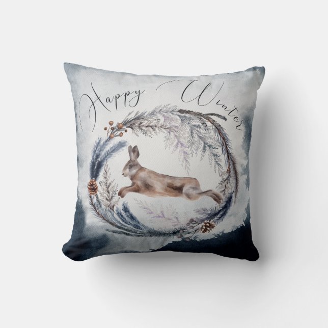 Rustic Happy Winter Wreath Rabbit Home Decor Cushion (Front)