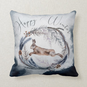 Rustic Happy Winter Wreath Rabbit Home Decor Cushion