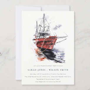 Rustic Harbour Yacht Sailboat Watercolor Engagemen Invitation