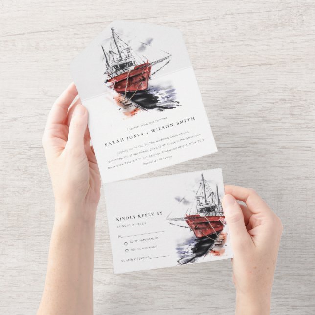 Rustic Harbour Yacht Sailboat Watercolor Wedding All In One Invitation (Tearaway)