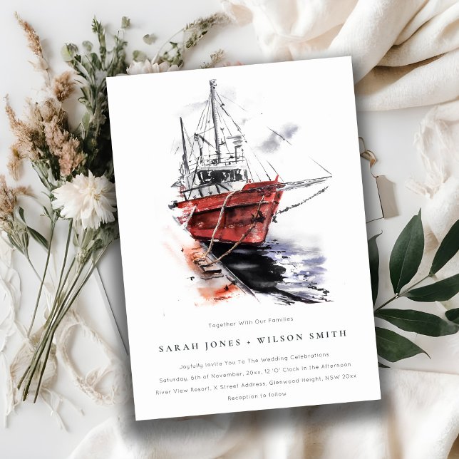 Rustic Harbour Yacht Sailboat Watercolor Wedding Invitation (Creator Uploaded)