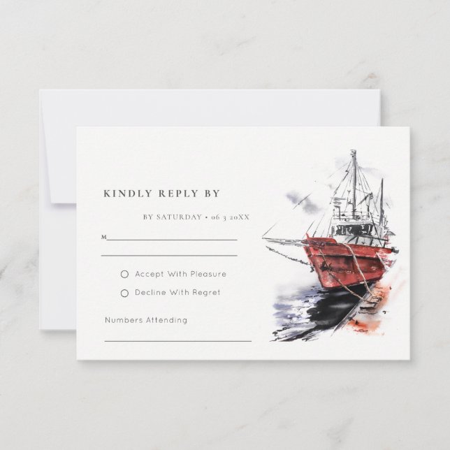 Rustic Harbour Yacht Sailboat Watercolor Wedding RSVP Card (Front)