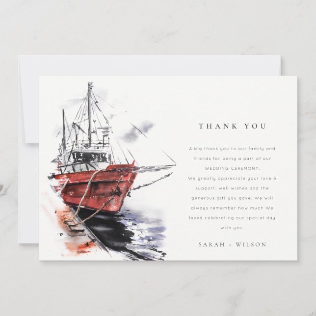 Rustic Harbour Yacht Sailboat Watercolor Wedding Thank You Card (Front)