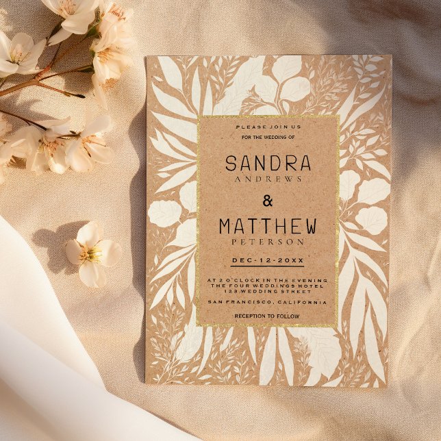 Rustic hard brown paper white gold floral Wedding Invitation (Rustic hard brown paper white gold floral Wedding )