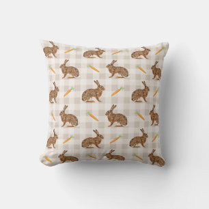 Rustic Hare And Carrot Beige Gingham Spring Easter Cushion