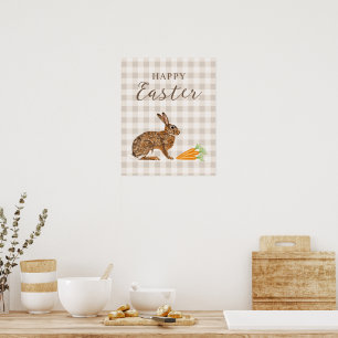 Rustic Hare And Carrots Happy Easter Beige Gingham Poster