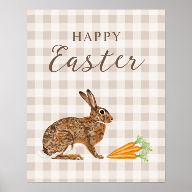 Rustic Hare And Carrots Happy Easter Beige Gingham Poster (Front)