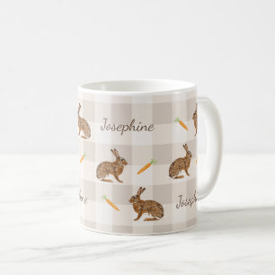 Rustic Hare And Carrots With Name Beige Gingham Coffee Mug