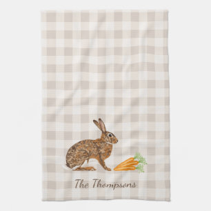 Rustic Hare And Carrots With Name Beige Gingham Tea Towel