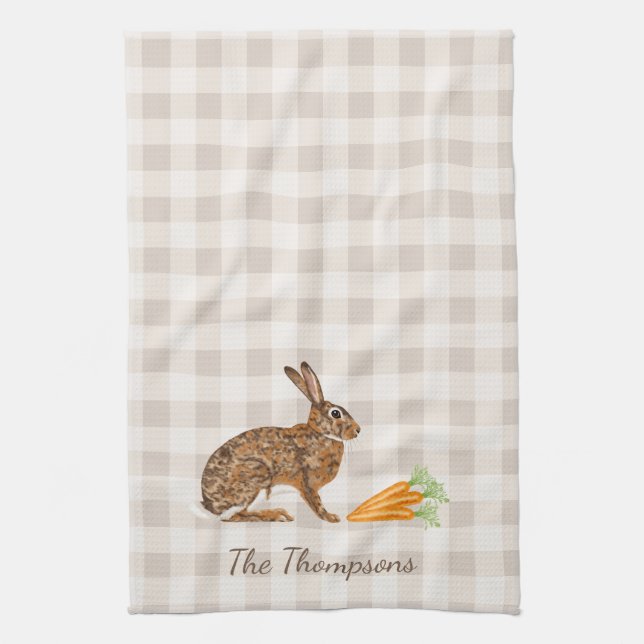 Rustic Hare And Carrots With Name Beige Gingham Tea Towel (Vertical)