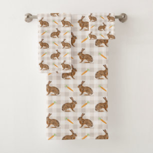 Rustic Hares And Carrots Beige Gingham Pattern Bath Towel Set