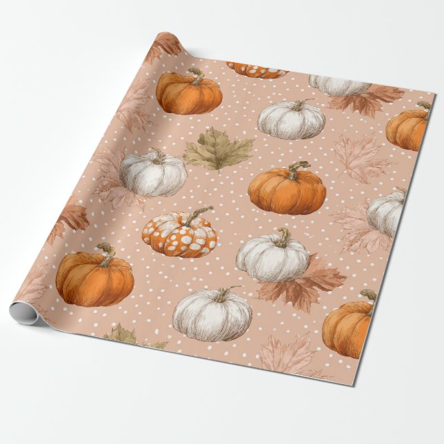 Rustic Harvest Autumn - Pumpkins & Leaves Wrapping Paper (Unrolled)