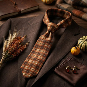 Rustic Harvest Autumn Tartan Plaid Orange & Brown Tie