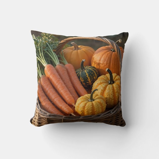 Rustic Harvest Basket Pumpkins Carrots Cushion (Front)