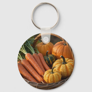 Rustic Harvest Basket Pumpkins Carrots Key Ring