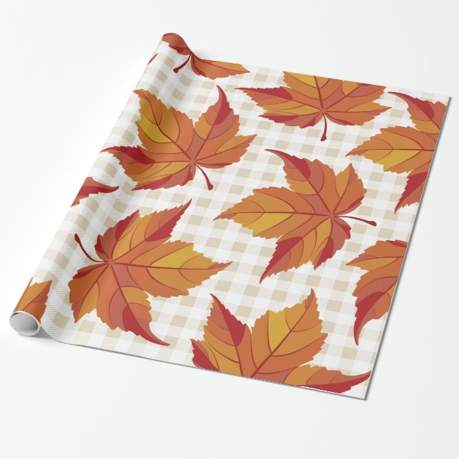 Rustic Harvest Fall Leaves & Plaid Wrapping Paper (Unrolled)