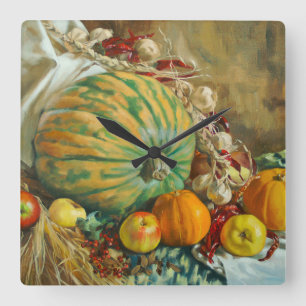 Rustic Harvest Still Life with Pumpkins and Apples Square Wall Clock
