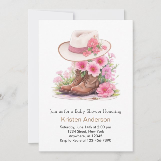 Rustic Hat and Boot Watercolor Cowgirl Baby Shower Invitation (Front)