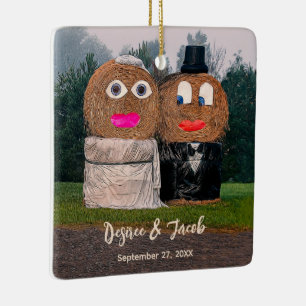 Rustic Hay Bale Funny Bride And Groom Ceramic Ornament