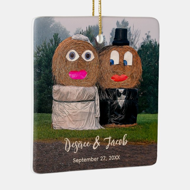 Rustic Hay Bale Funny Bride And Groom Ceramic Ornament (Right)