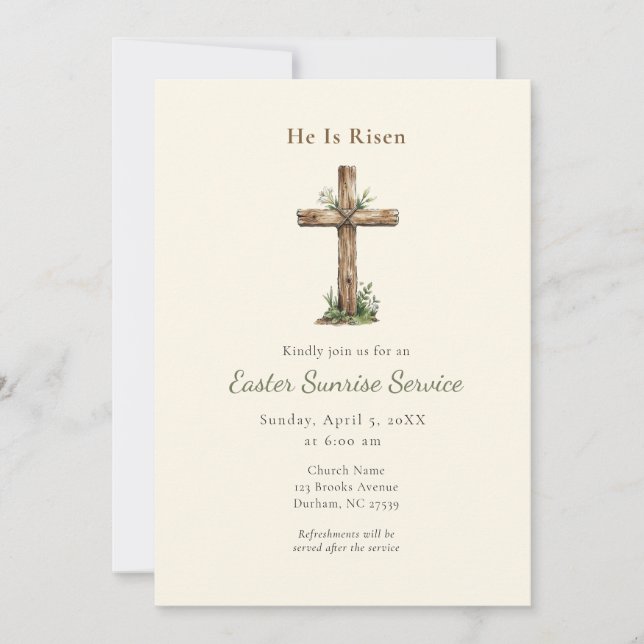 Rustic He is Risen Cross Easter Sunrise service Invitation (Front)