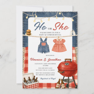 Rustic He or She BBQ Gender Reveal Backyard Party Invitation