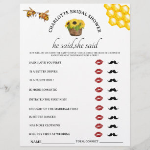 Rustic He said She said Bridal Shower Game Flyer