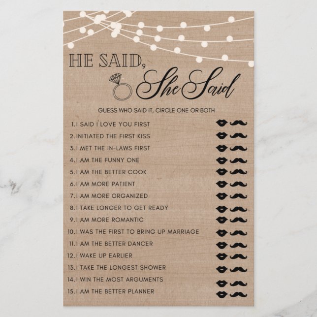 Rustic He said she said bridal shower game Flyer (Front)