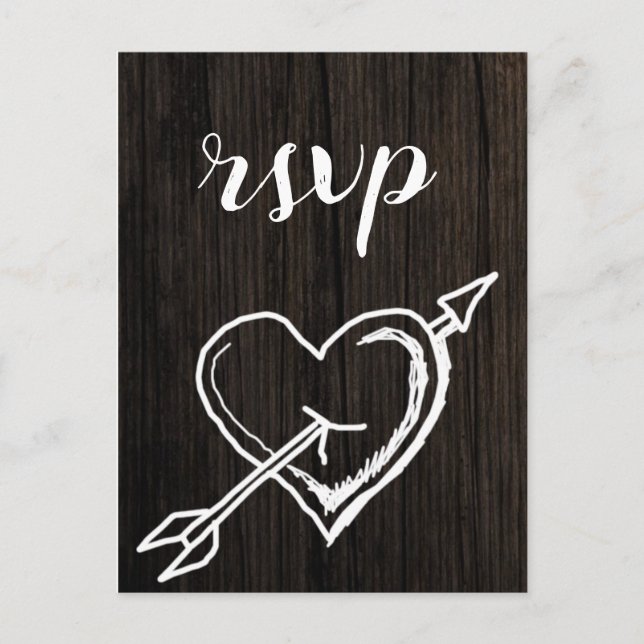 Rustic heart arrow wood wedding rsvp postcards (Front)