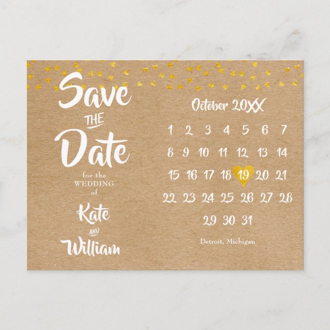 Rustic Heart Calendar Boho Save the Date Postcard (Front)