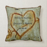 Rustic heart & couples name on Aspen carved heart Cushion<br><div class="desc">Rustic heart and couples name and date: on aspen tree bark Photo background. Wedding Throw Pillow. Chic photo of carved heart on an aspen tree, with couples name and date of wedding or special date. personalised with your custom names and date established. Customise for a couple as a wedding keepsake...</div>