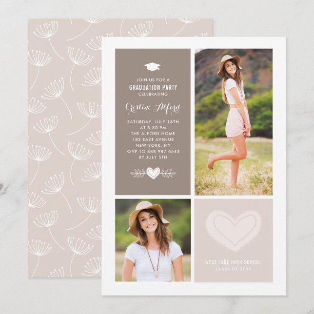 Rustic Heart Doodles Photo Collage Graduation Invitation (Front/Back)