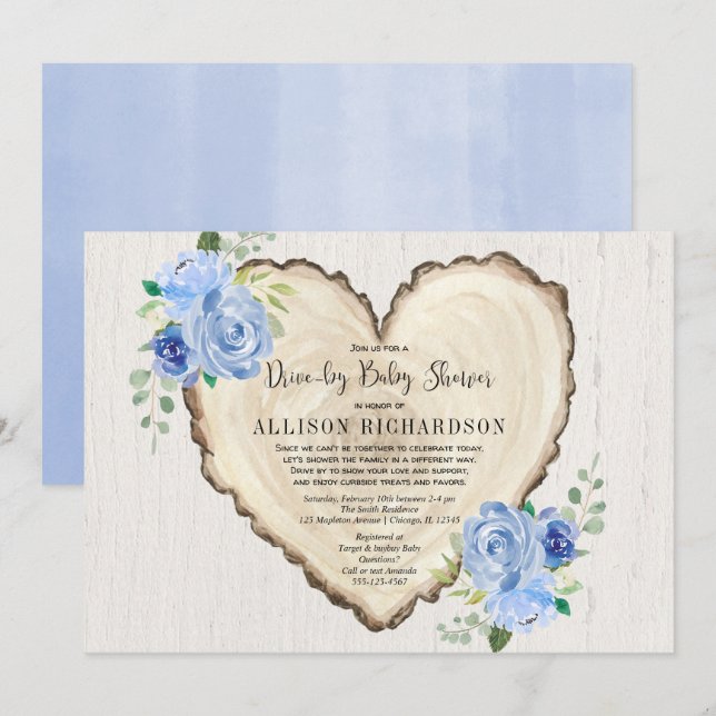 Rustic heart drive-by boy baby shower blue floral invitation (Front/Back)