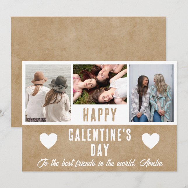 Rustic Heart Galentine's Day Friends 3 Photo Holiday Card (Front/Back)
