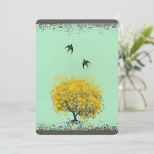 Rustic Heart Leaf Love Birds Wedding Invitation
