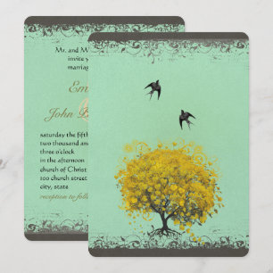 Rustic Heart Leaf Love Birds Wedding Invitation