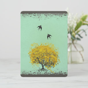 Rustic Heart Leaf Love Birds Wedding Invitation