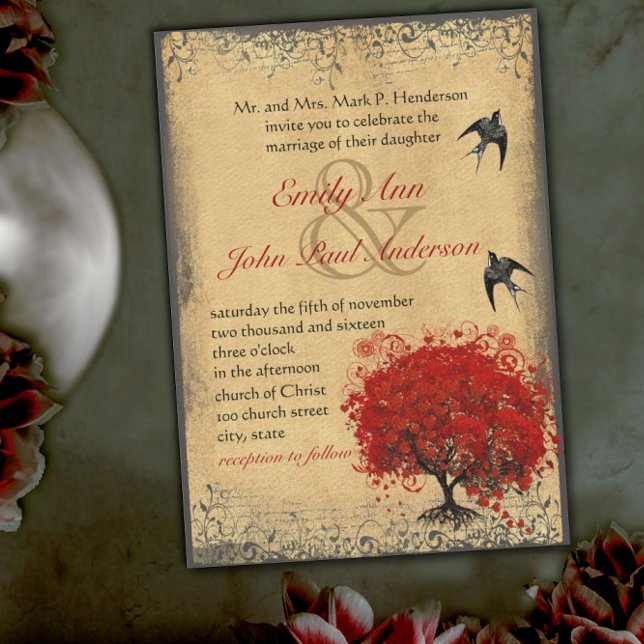 Rustic Heart Leaf Red Tree Love Bird Wedding Invitation (Creator Uploaded)