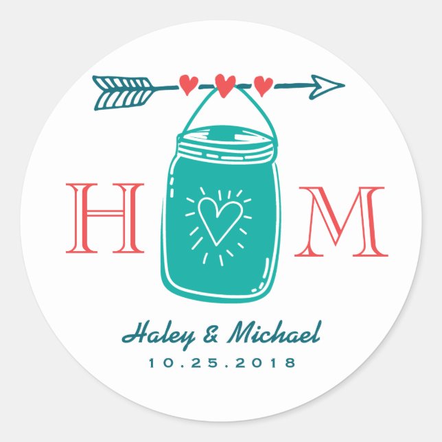 Rustic Heart Mason Jar Monogram Wedding Sticker (Front)